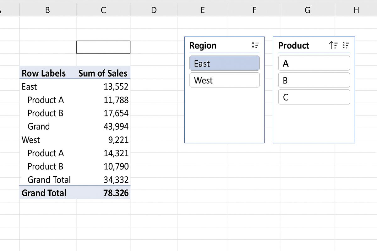 Excel pivot table with slicers inserted for Region and Product fields