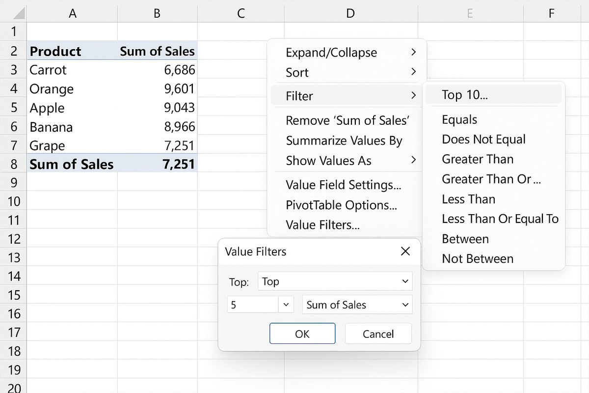 Excel pivot table with Value Filters dialog open to show top 5 products by sales