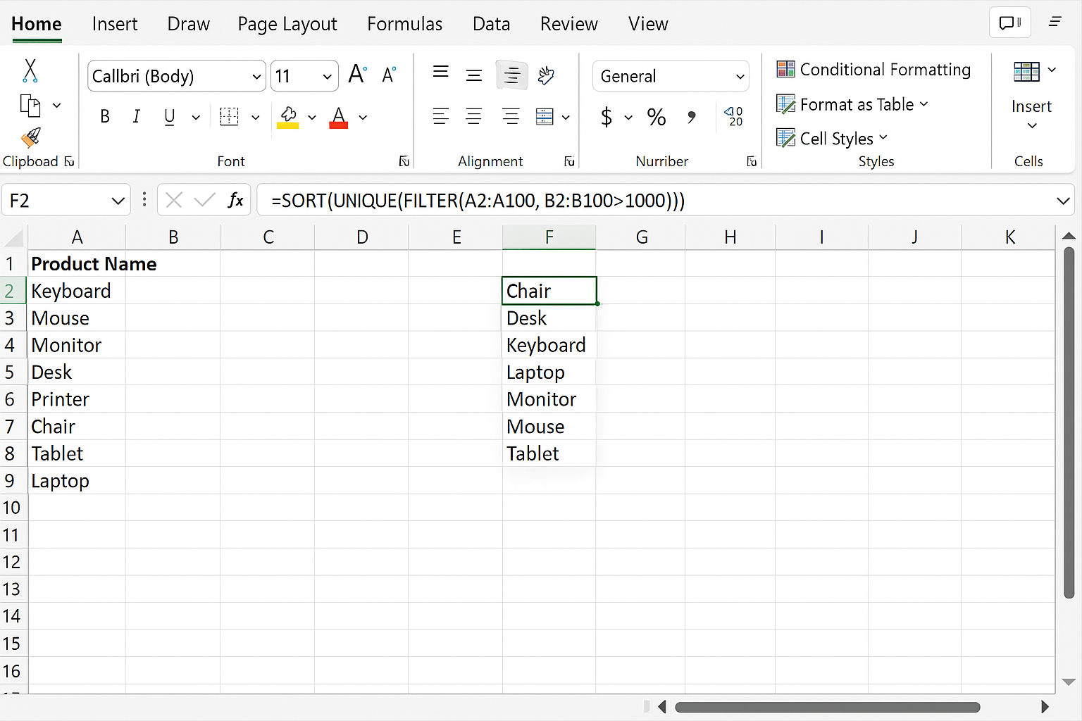 Excel worksheet showing unique product names filtered by sales greater than 1000 and sorted alphabetically