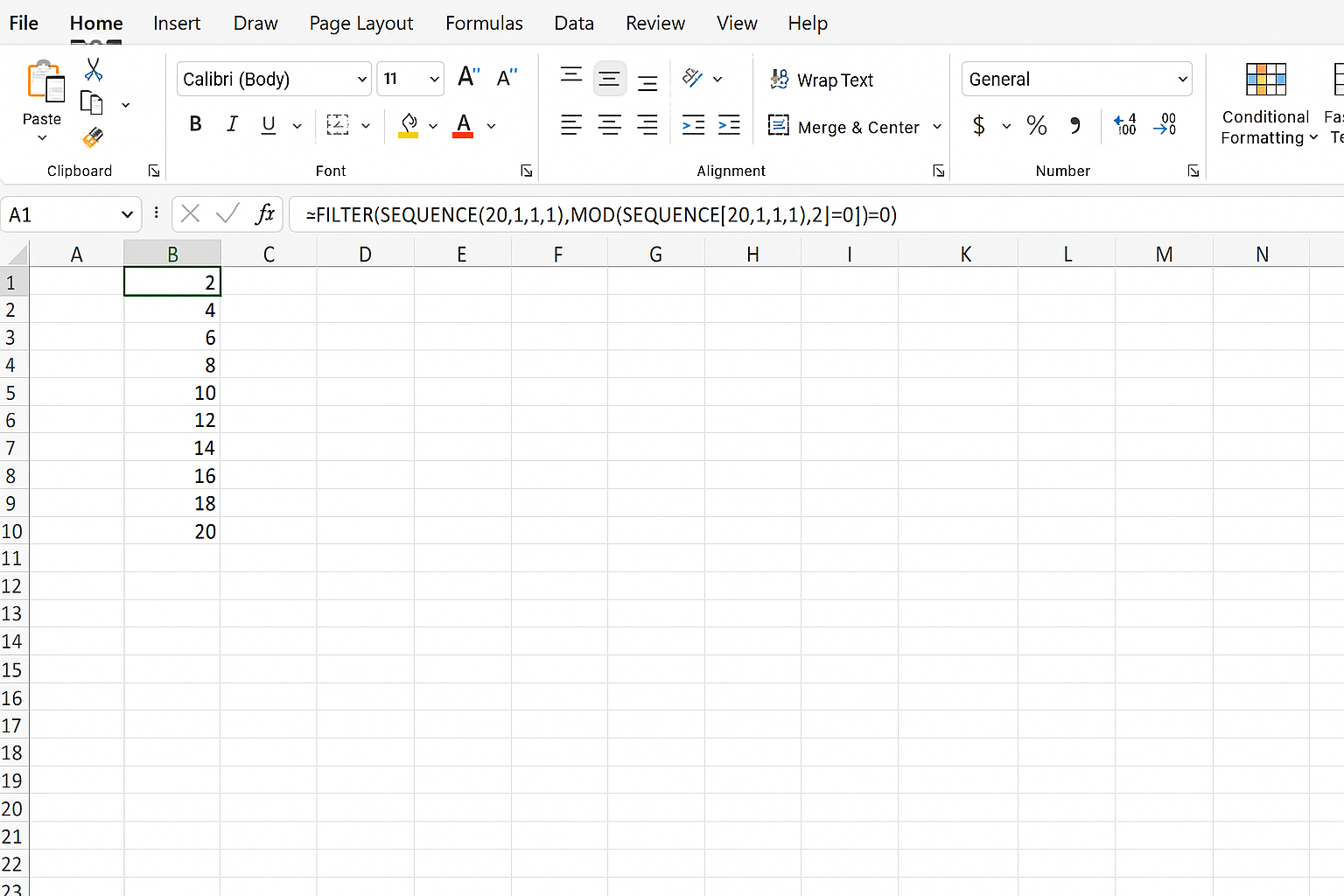 Excel worksheet showing a dynamic array of even numbers from 1 to 20 generated by filtering a sequence