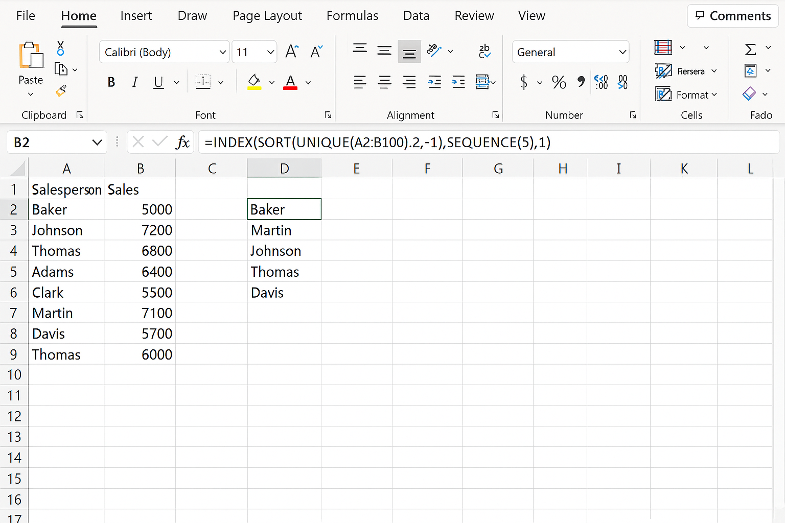 Excel worksheet showing top 5 unique salespeople sorted by descending sales using nested dynamic array functions
