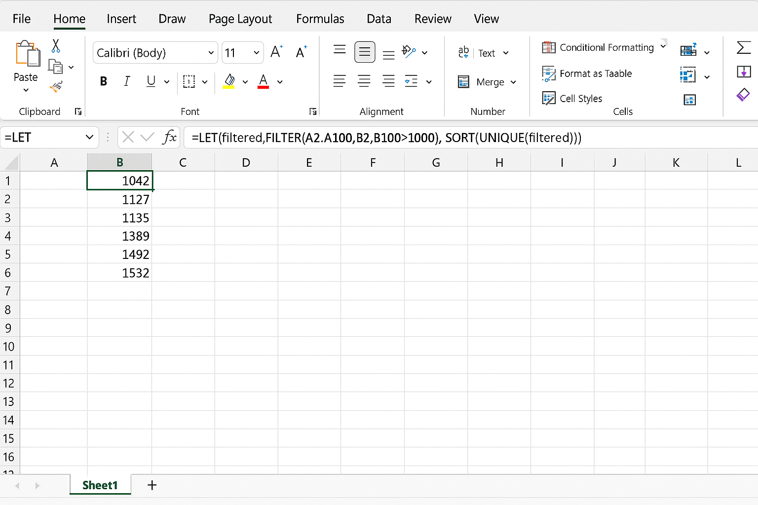 Excel worksheet showing use of LET function to store filtered data and then sort unique values