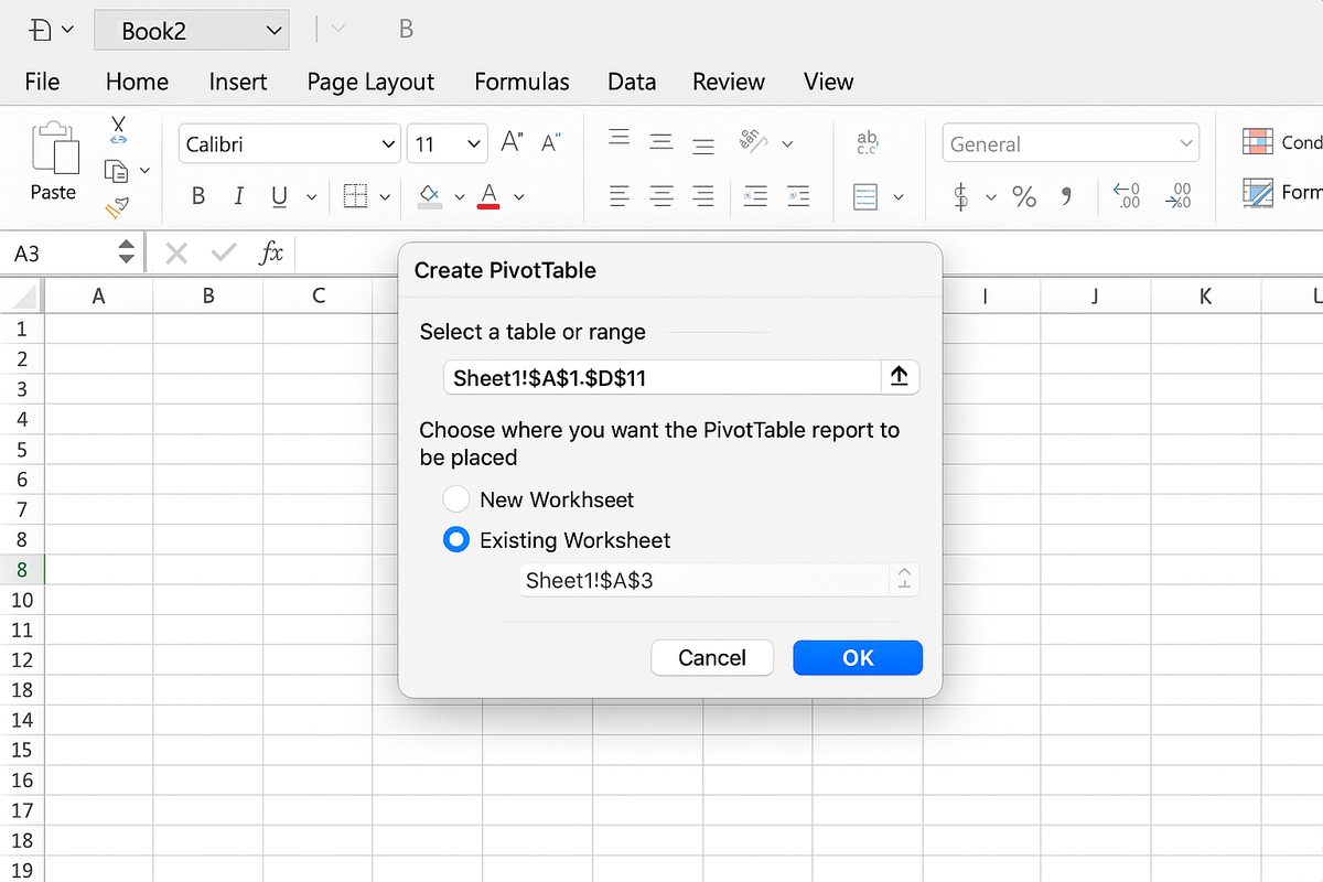 Create PivotTable dialog box with location options and OK button