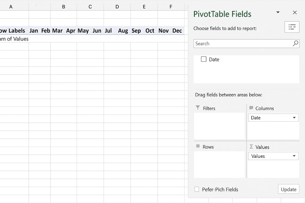 PivotTable Fields pane with Date field in Columns area grouped by month
