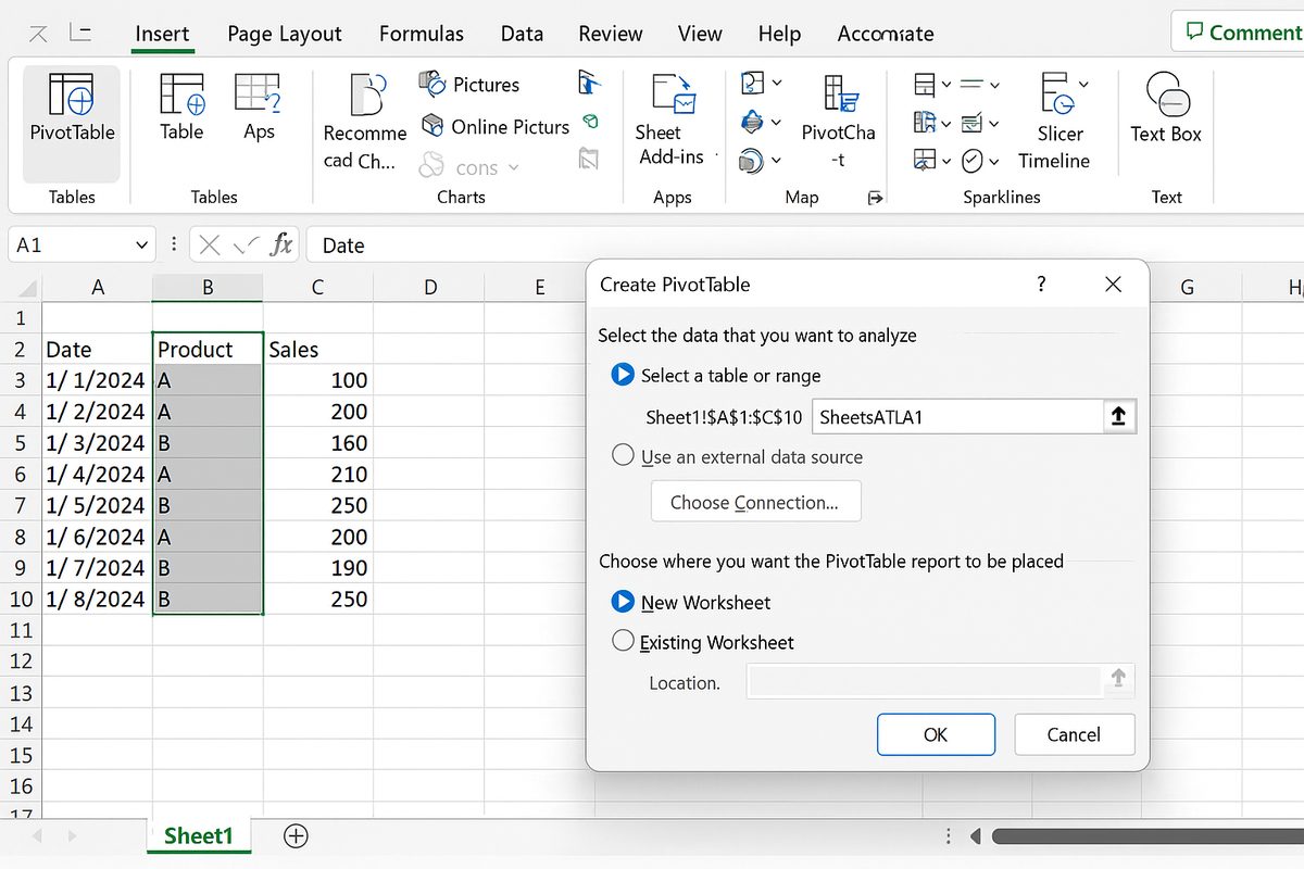 Excel Insert tab with PivotTable option selected