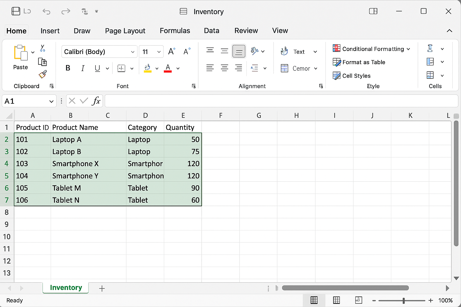 Excel worksheet after running a macro that removes duplicate rows from all columns