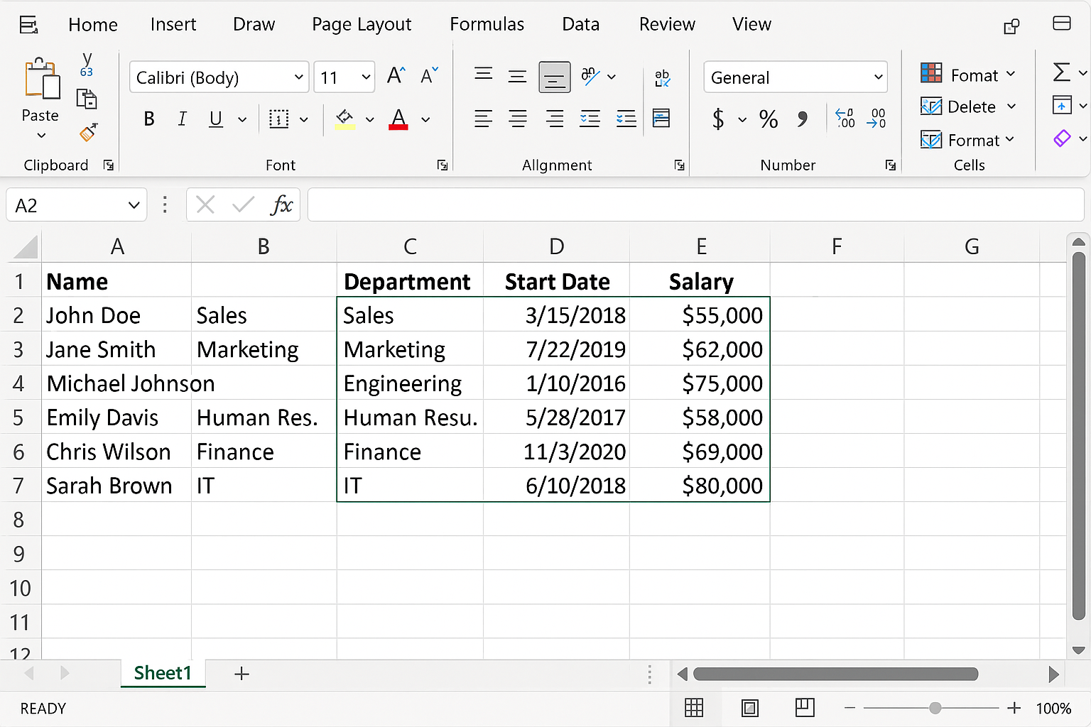 Excel worksheet showing cells with trimmed leading and trailing spaces after running a VBA macro