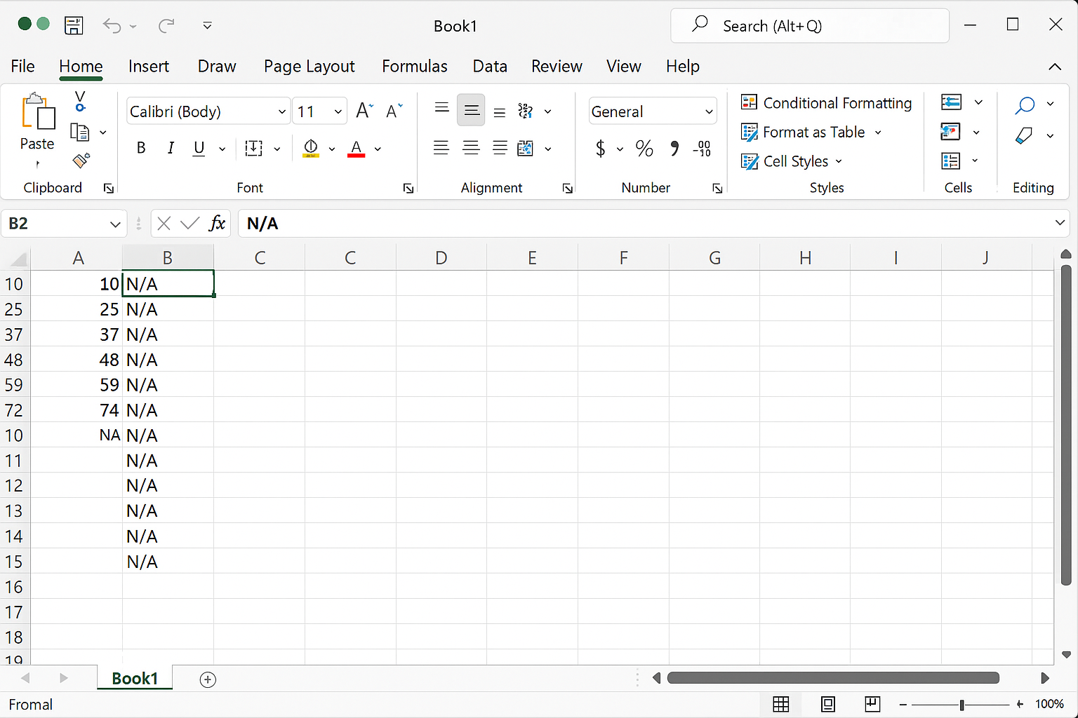 Excel worksheet showing blank cells in column B filled with 'N/A' after running a VBA macro