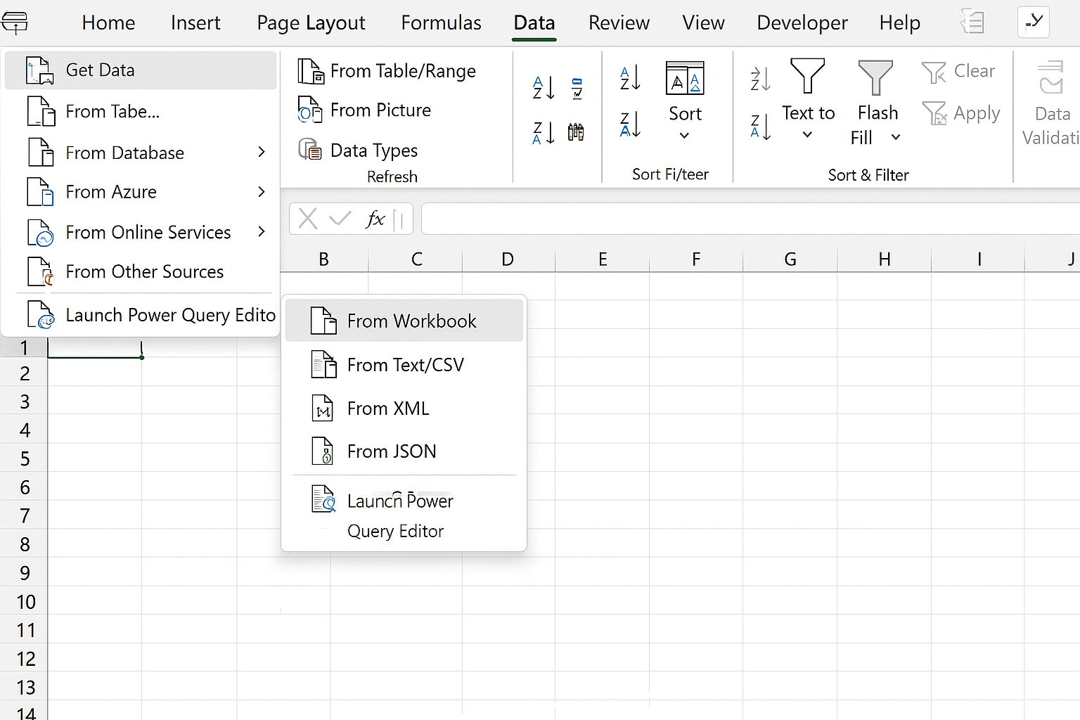 Excel Data tab showing Get Data menu with From File and From Workbook options selected
