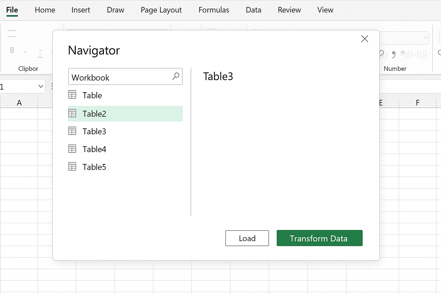 Power Query Navigator window displaying tables with one table selected and Transform Data button highlighted