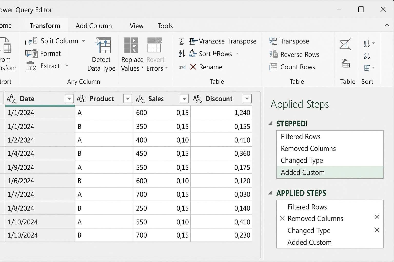 Power Query Editor window showing applied steps including filtering rows, removing columns, and data type changes