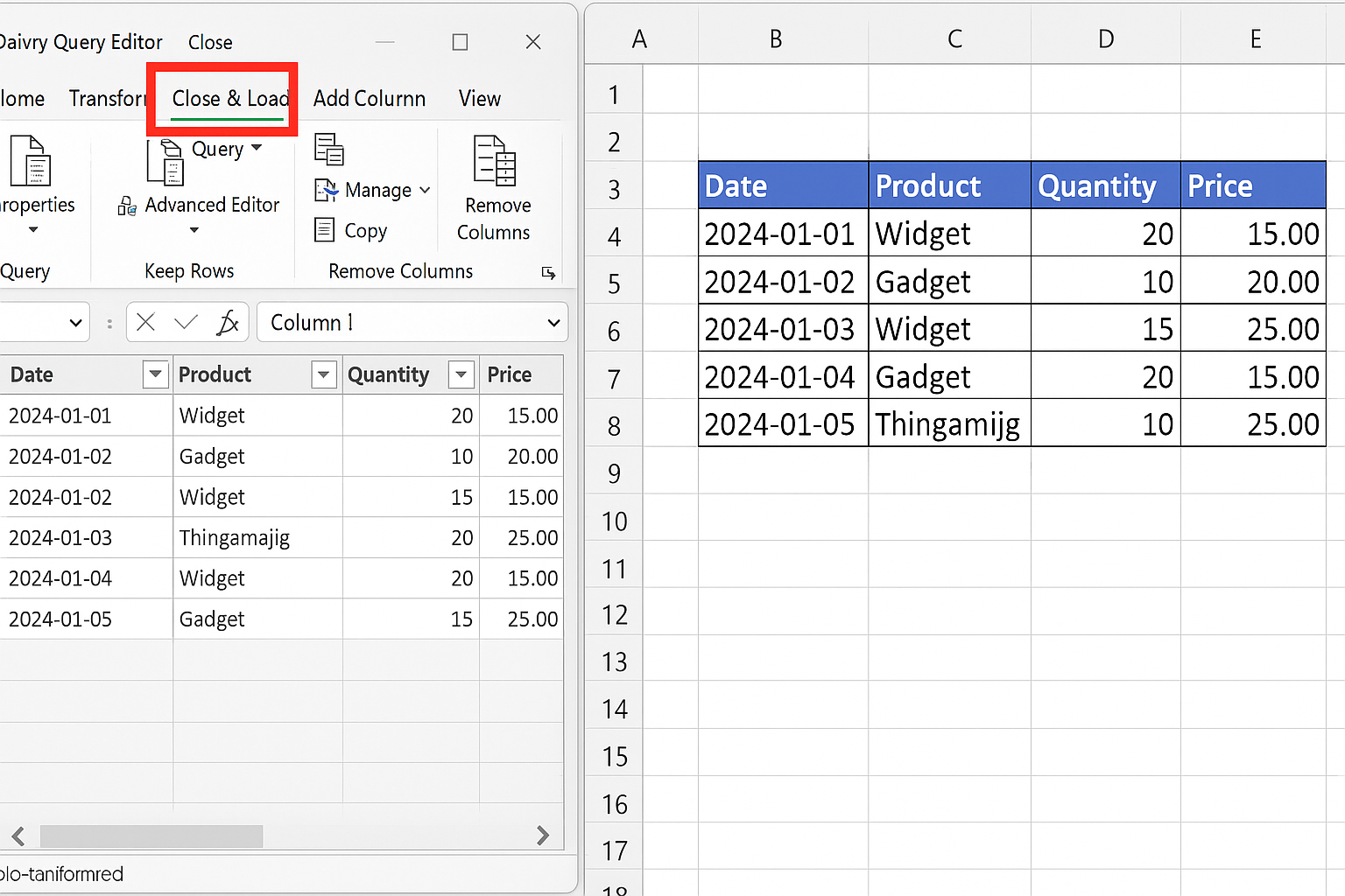 Power Query Editor window with Close & Load button highlighted and Excel worksheet showing loaded data