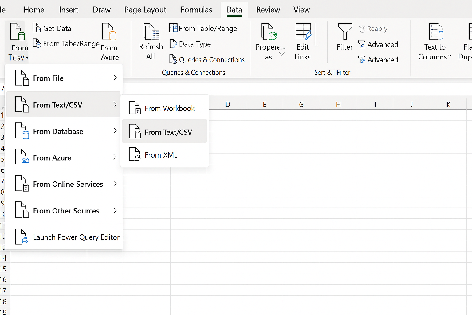 Excel Data tab showing Get Data menu with From Text/CSV option selected
