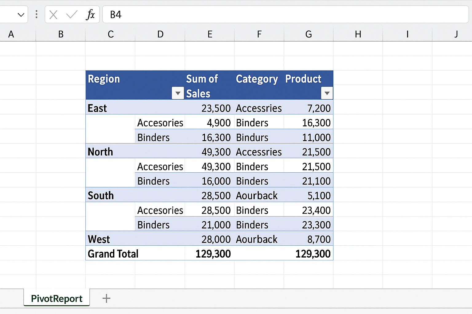 Pivot table styled with a medium pivot table style applied