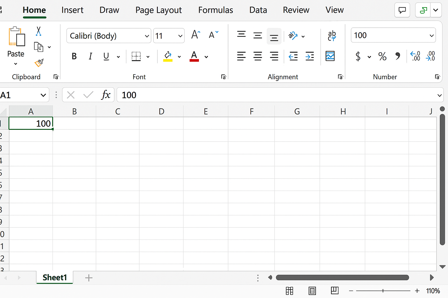 Excel worksheet showing cell A1 on Sheet1 with value 100 entered directly without selecting