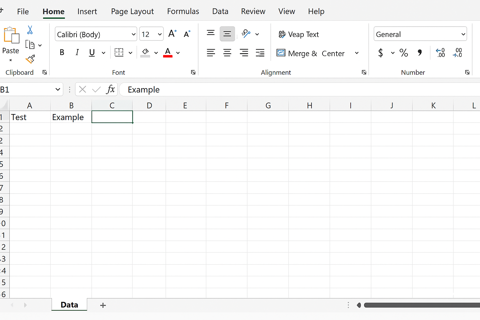 Excel worksheet named Data with cells A1 and B1 containing 'Test' and 'Example' respectively