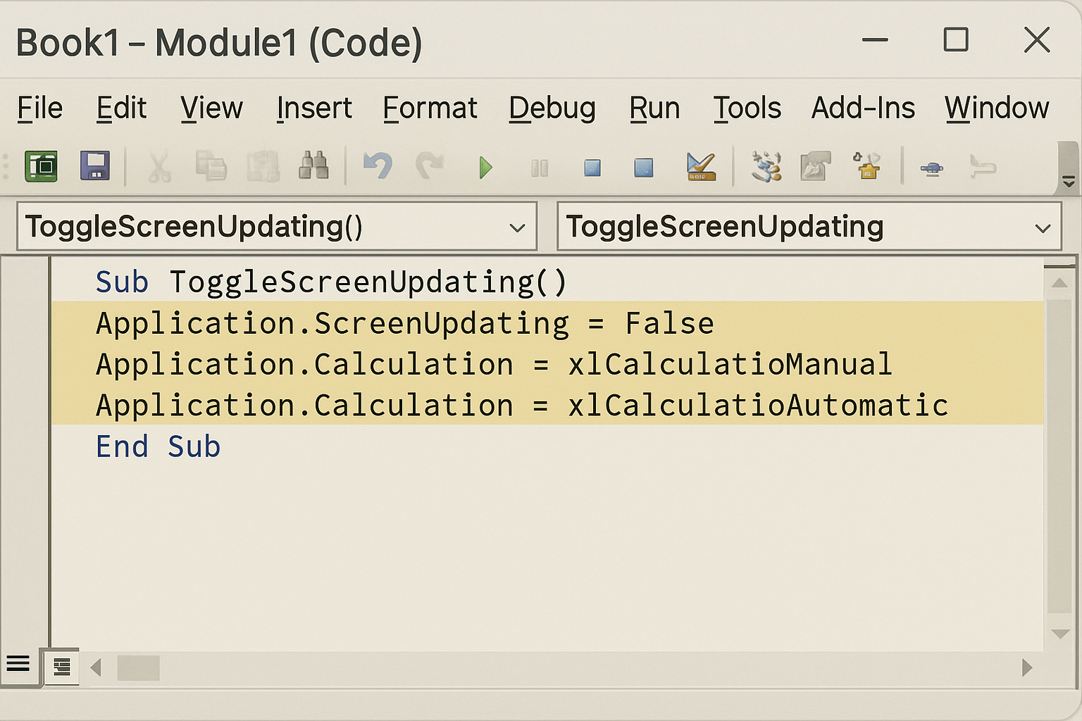 Excel VBA editor showing code that disables screen updating and automatic calculation during macro execution