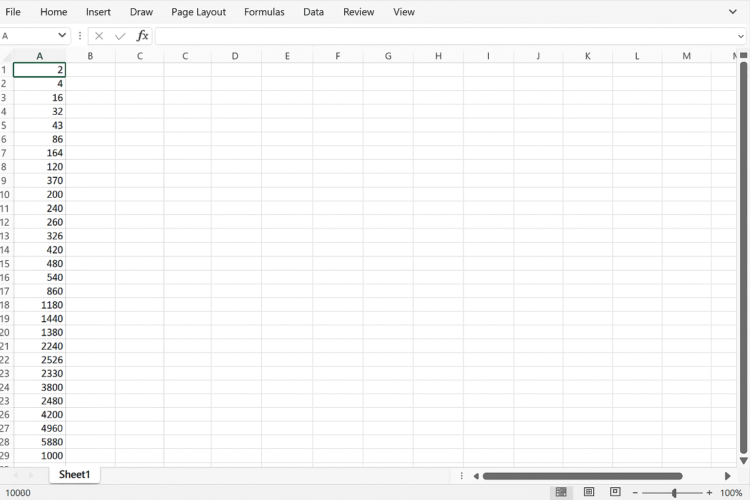 Excel worksheet Sheet1 showing range A1:A1000 with values doubled using Evaluate function without looping