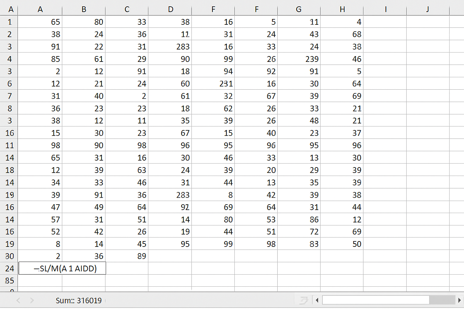 Excel worksheet showing cells A1 to A100 with numbers and sumResult variable holding their sum