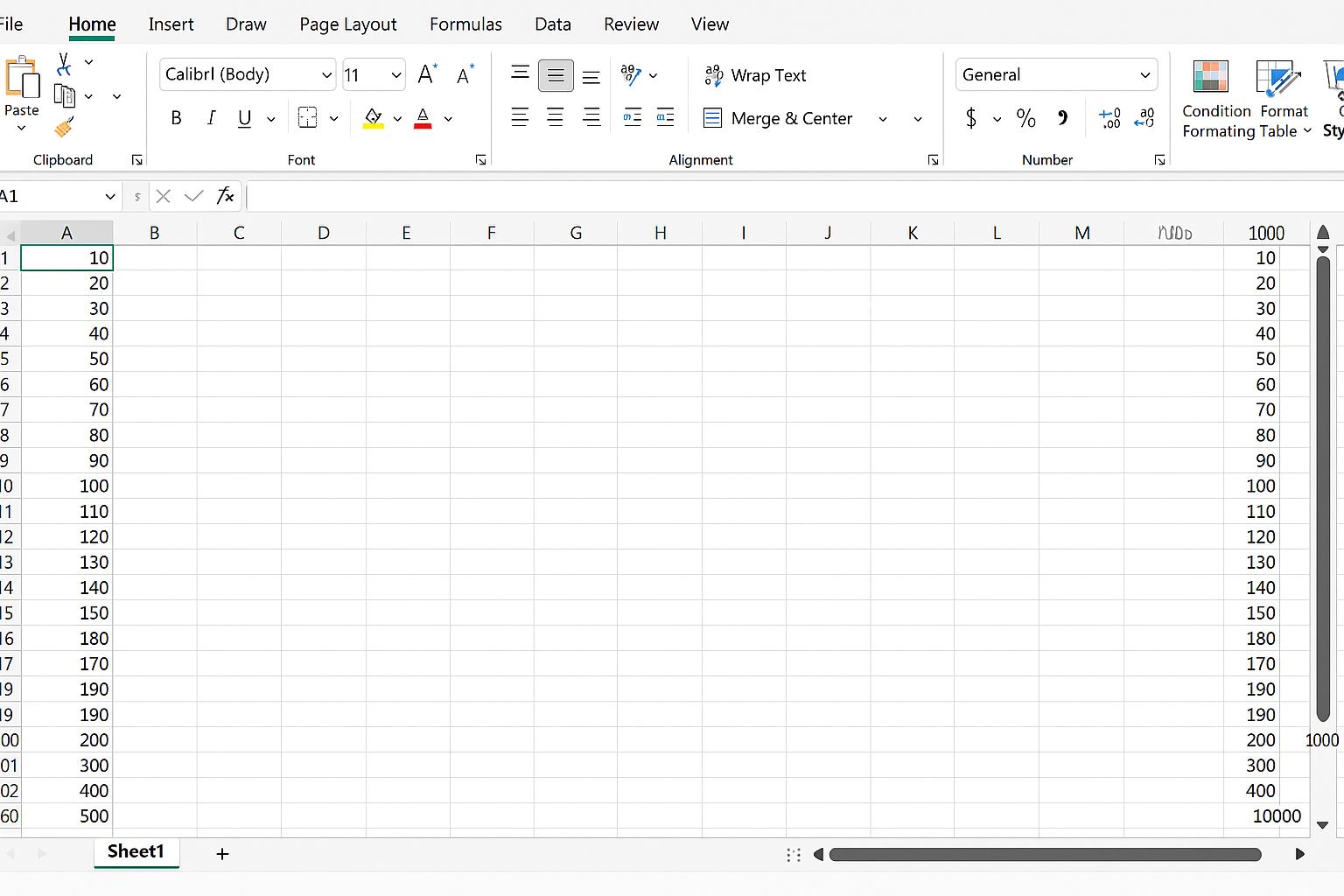 Excel worksheet Sheet1 with range A2:A1000 cleared and then populated with multiples of 10 from 10 to 10000