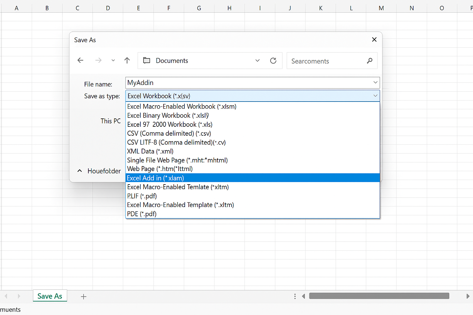 Excel Save As dialog open with Excel Add-in (*.xlam) file type selected
