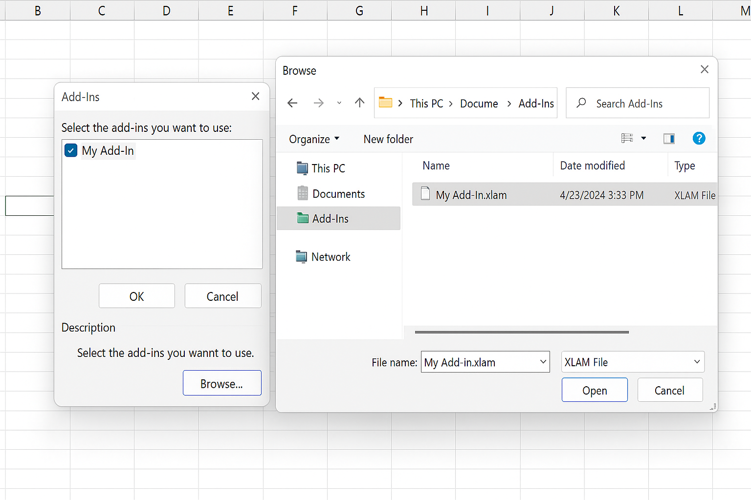 Excel Add-ins dialog showing the Browse button and a custom add-in checked to enable it