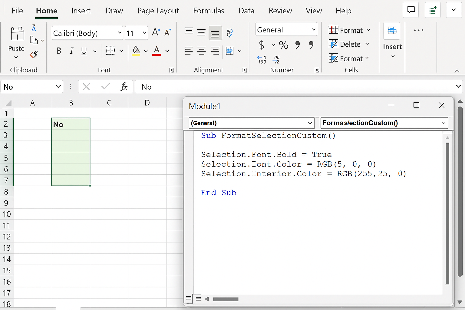 VBA editor showing a macro code module with a custom formatting macro