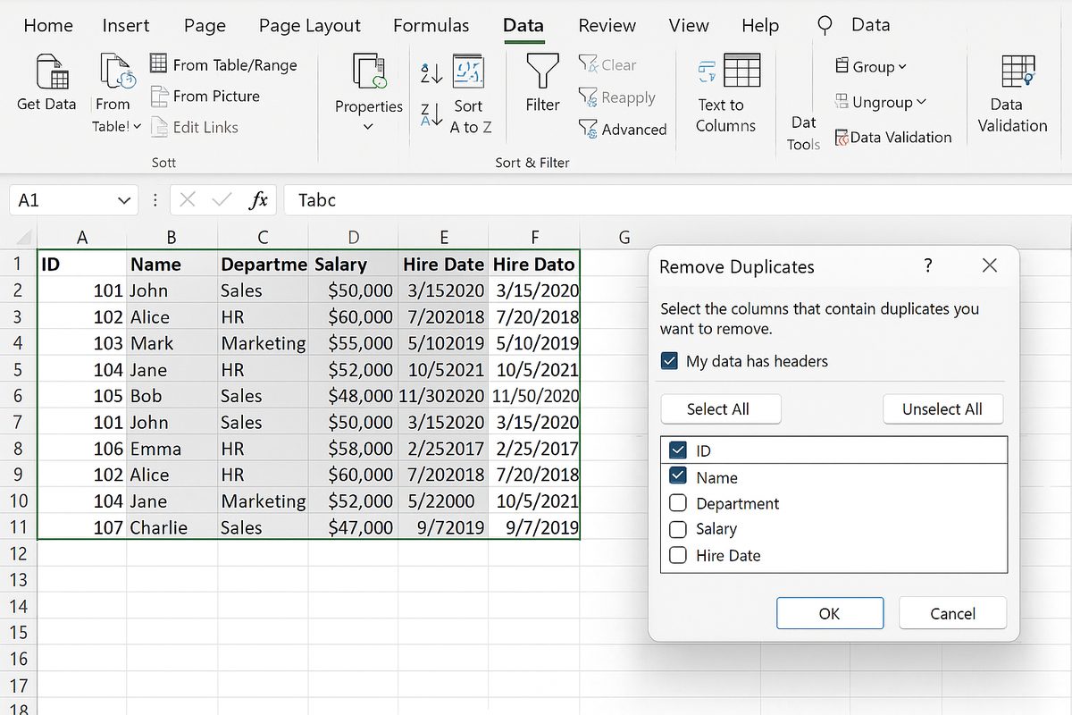 Excel dataset after clicking Remove Duplicates to eliminate duplicate rows