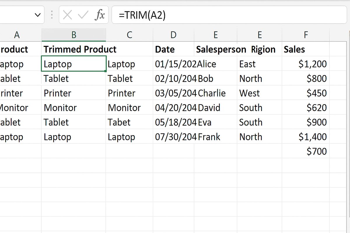 Excel worksheet showing TRIM formula applied in a new column to clean trailing spaces in Product names