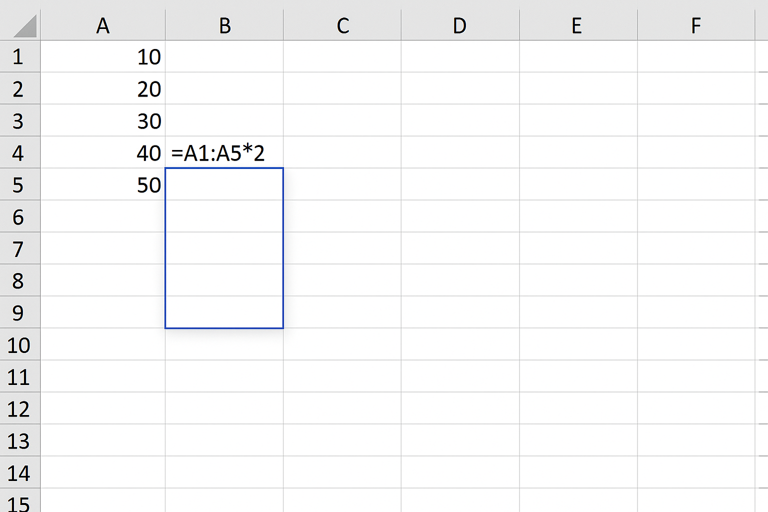 Excel worksheet showing a dynamic array formula with a blue border around the spill range and cleared adjacent cells
