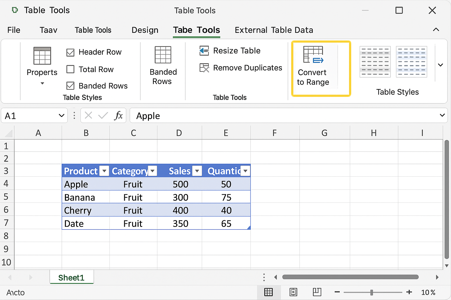 Excel worksheet showing a selected table with the Table Tools contextual tab open and the Convert to Range option highlighted