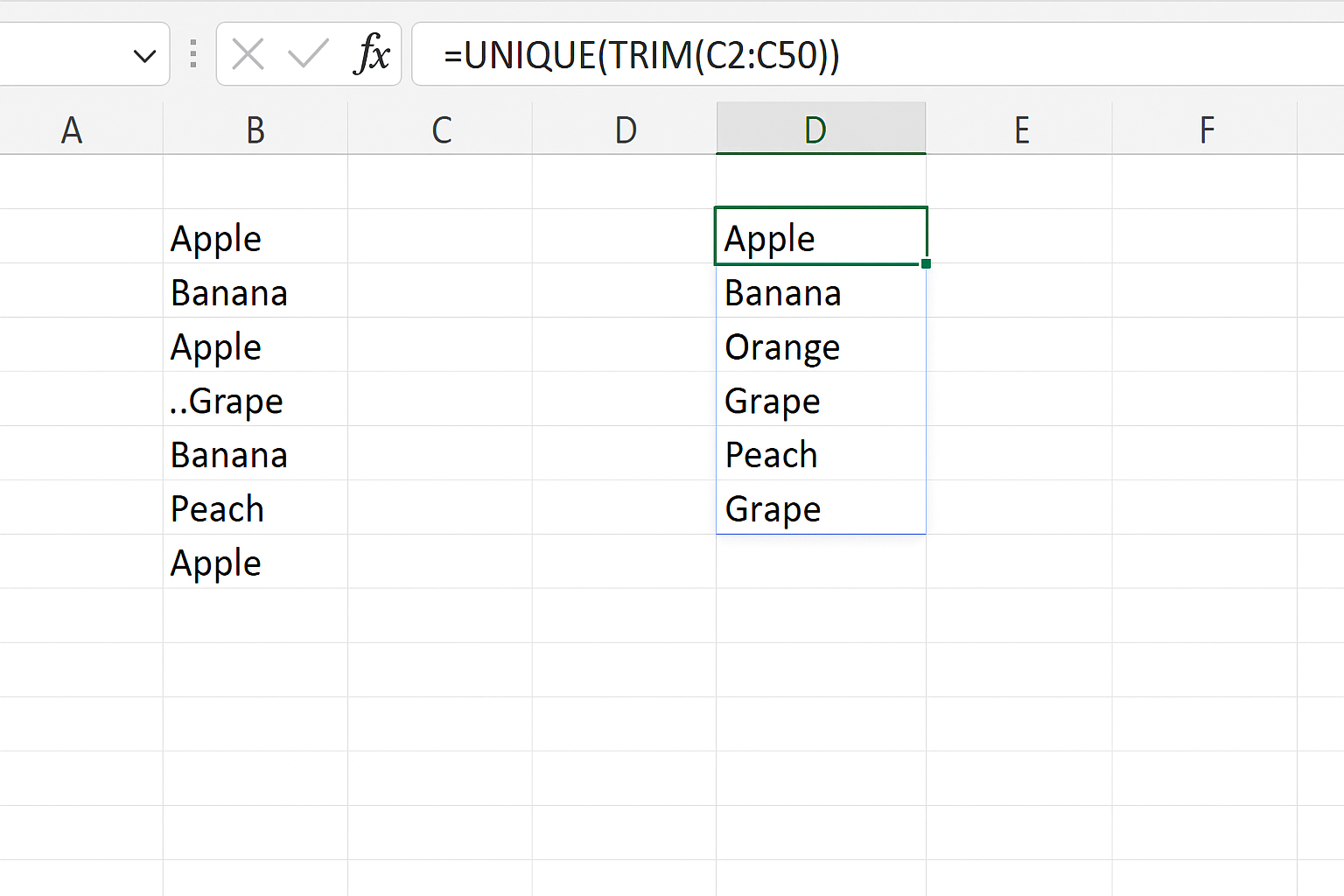 Excel worksheet showing a formula using UNIQUE(TRIM(C2:C50)) entered in a cell with the resulting unique list spilled below