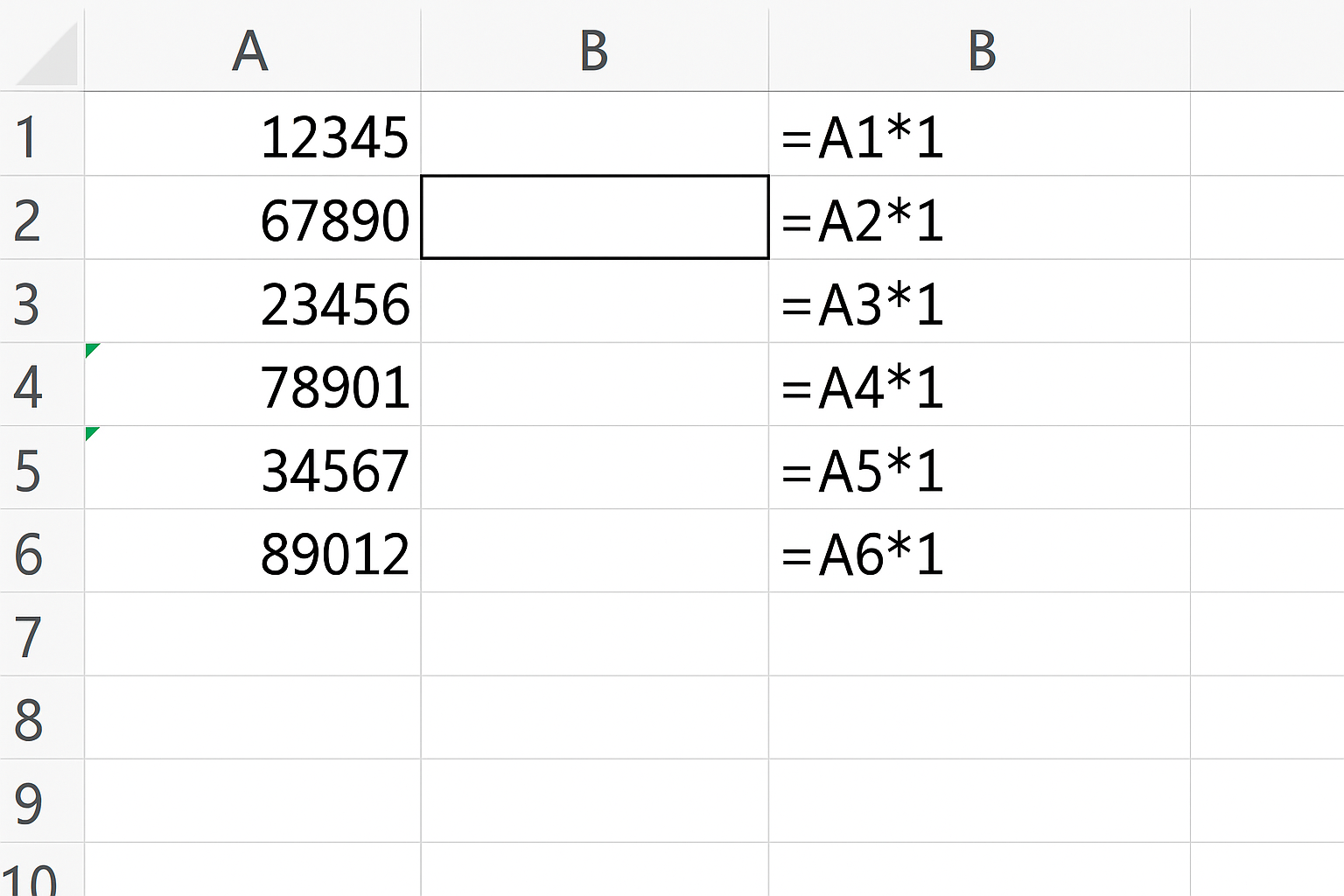 Excel worksheet showing a column of numbers stored as text and a formula converting them to numeric values using multiplication by 1