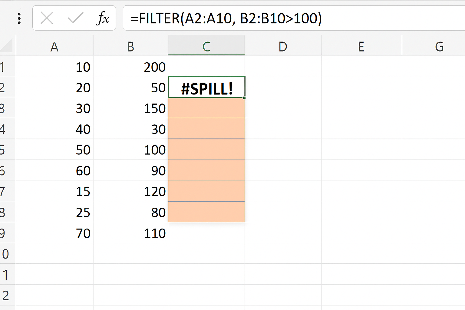 Excel worksheet showing a FILTER formula entered with a #SPILL! error and adjacent obstructing cells highlighted for deletion
