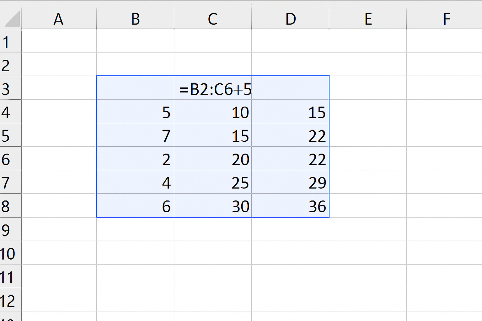 Excel worksheet showing a continuous selected range of cells highlighted for use in a dynamic array formula