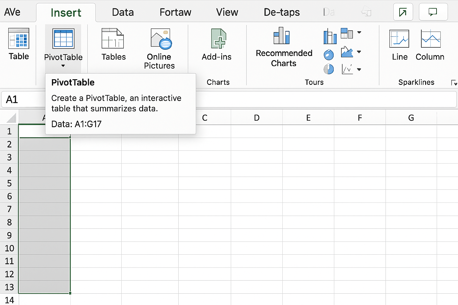Excel interface showing the Insert tab selected and the PivotTable button highlighted