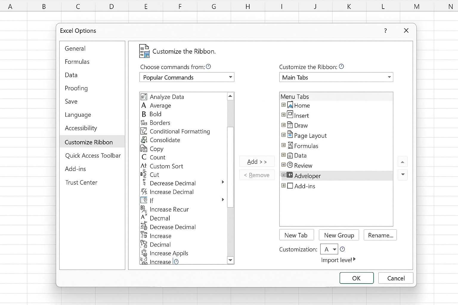 Excel Options dialog showing Customize Ribbon with Developer tab checked