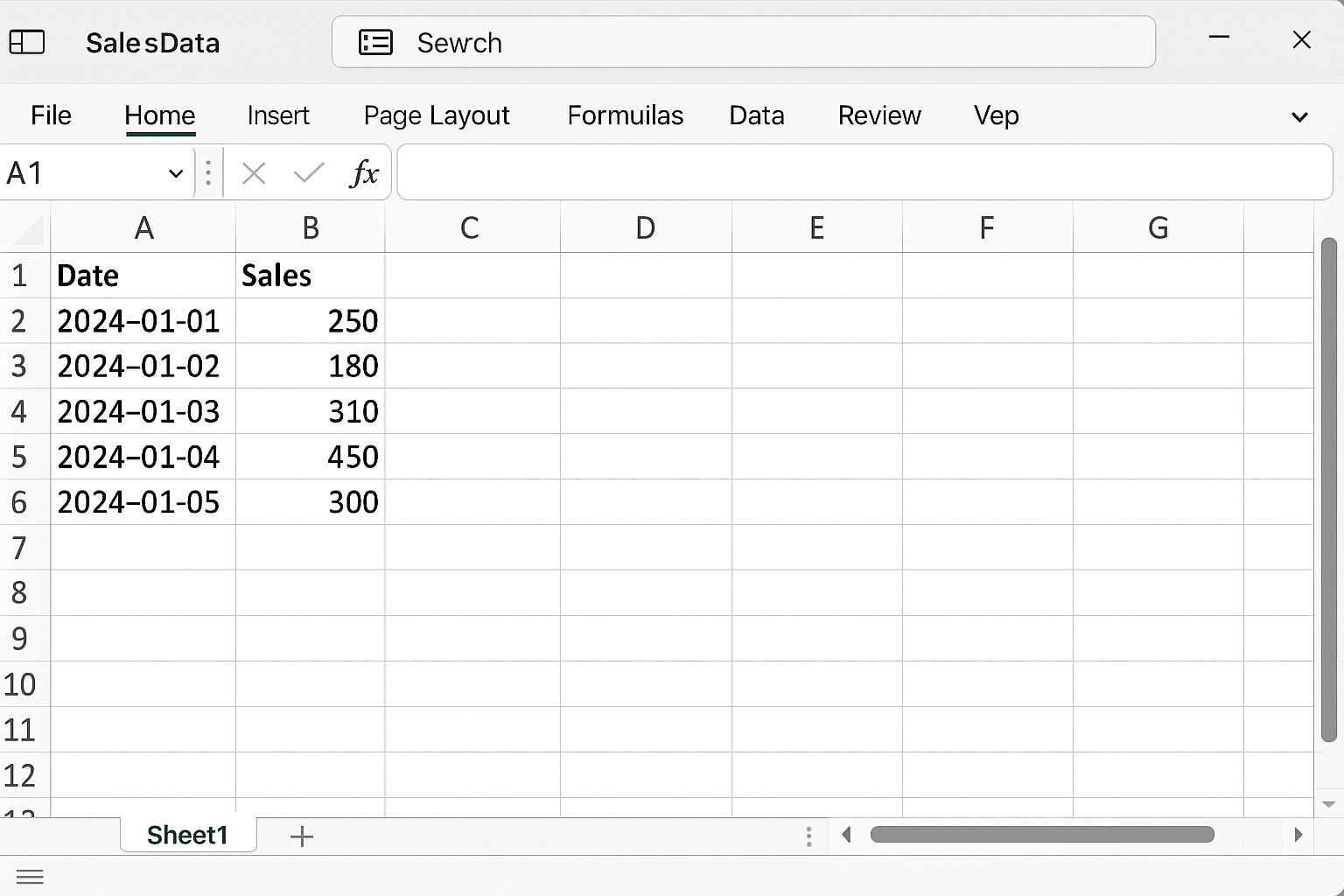 Excel worksheet named SalesData showing sales data with Dates in column A and Sales in column B