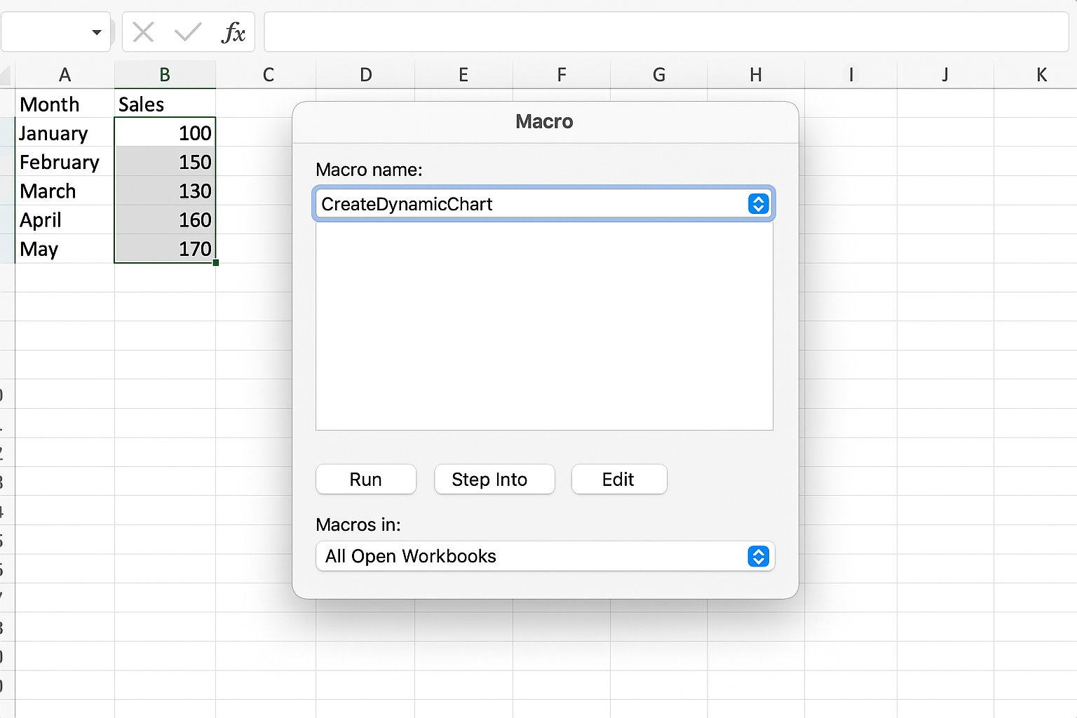 Excel Macro dialog open showing CreateDynamicChart macro selected ready to run