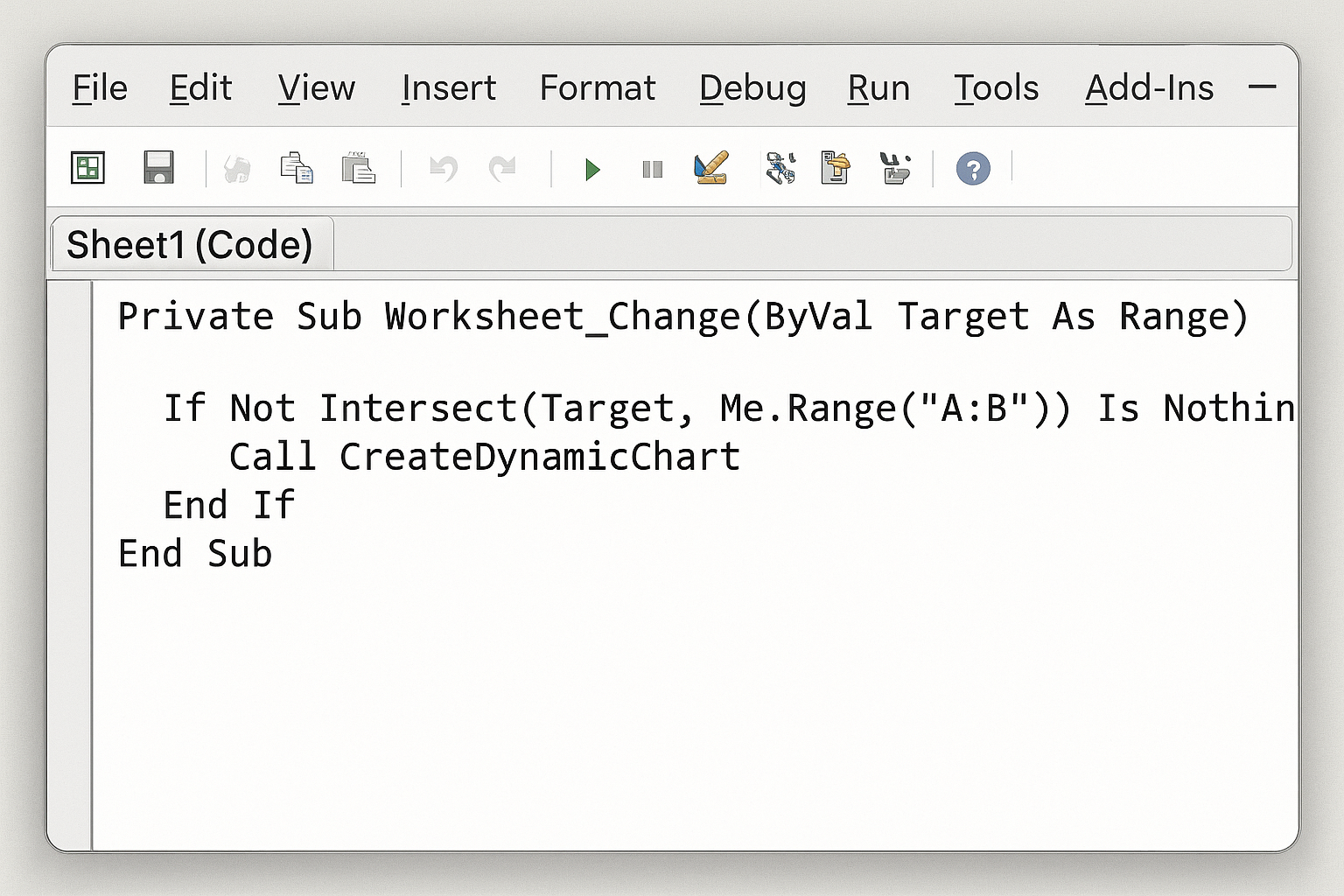 VBA editor showing Worksheet_Change event code calling CreateDynamicChart subroutine
