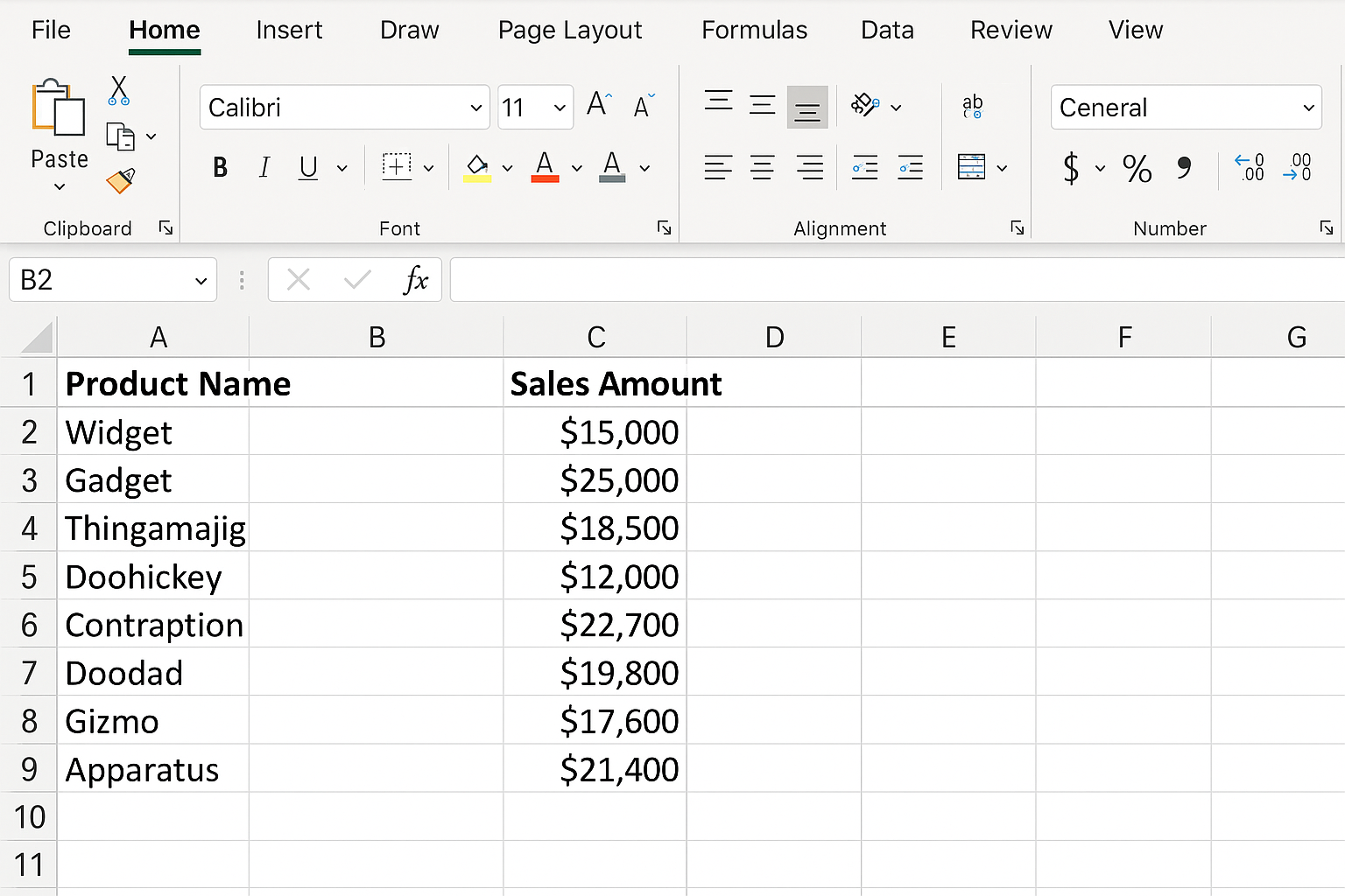 Excel worksheet showing two columns labeled Product Name and Sales Amount with sample data