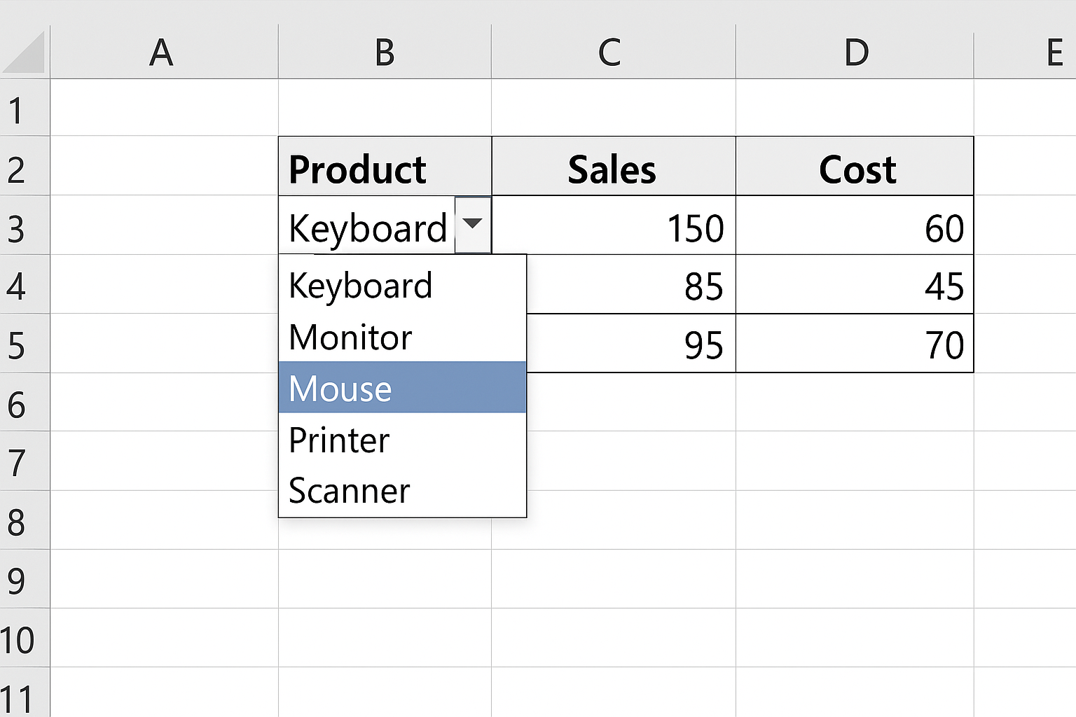 Excel worksheet with a dropdown list for selecting product names created via Data Validation