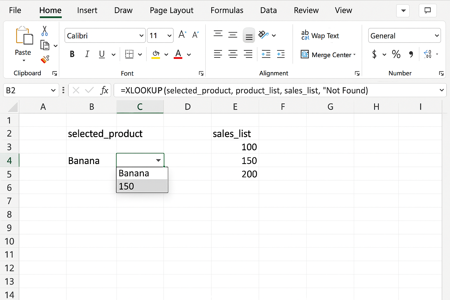 Excel worksheet showing the XLOOKUP formula fetching sales data dynamically based on selected product
