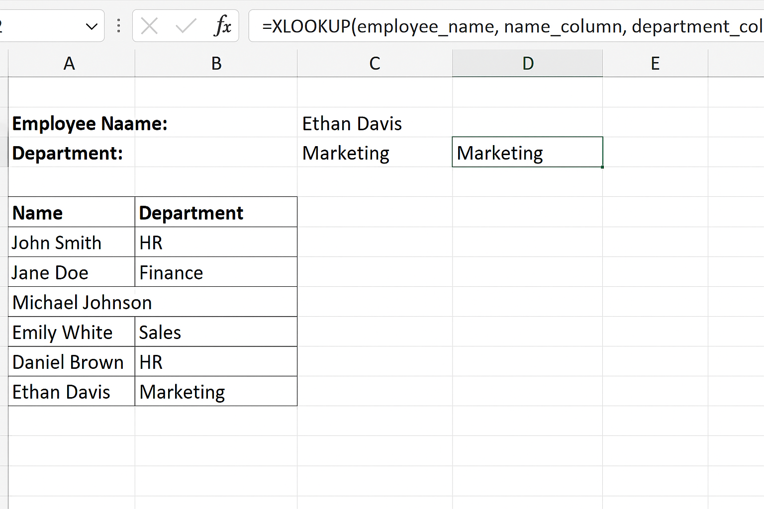 Excel worksheet showing XLOOKUP formula retrieving employee department based on entered employee name