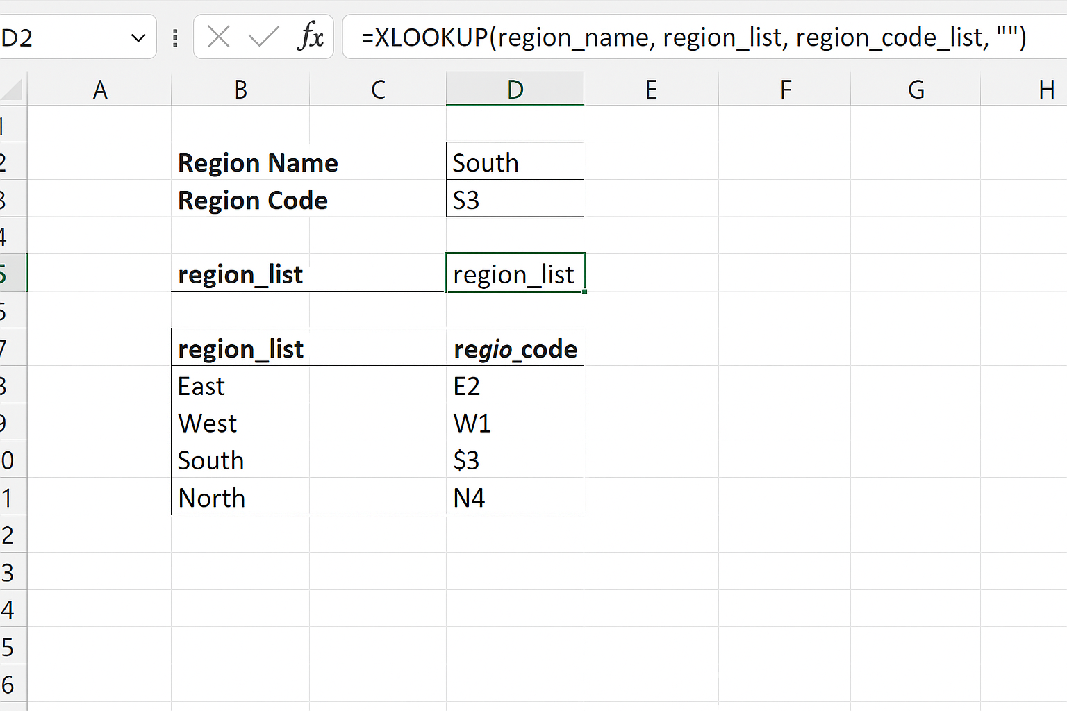 Excel worksheet showing XLOOKUP formula retrieving region code based on region name input