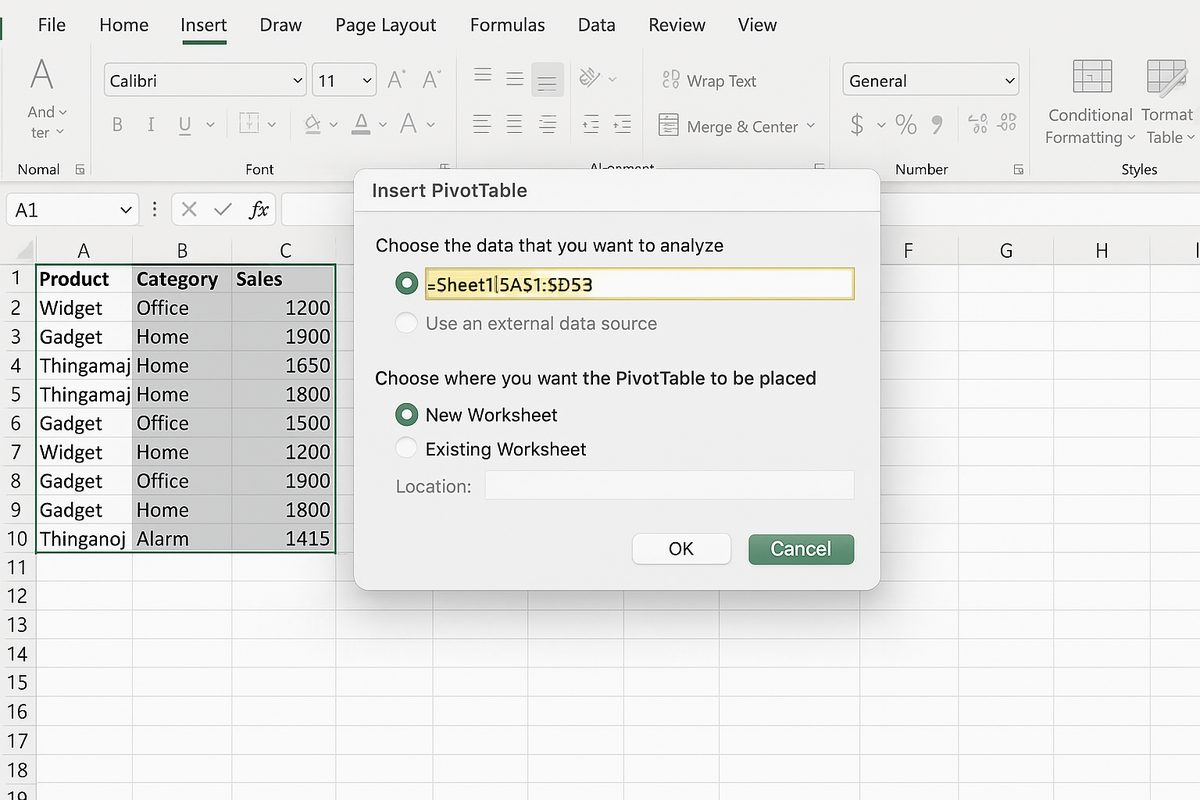 Excel worksheet with data range selected and Insert PivotTable dialog open