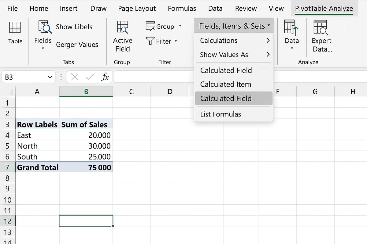 PivotTable Analyze tab open with Fields, Items & Sets menu expanded and Calculated Field option highlighted