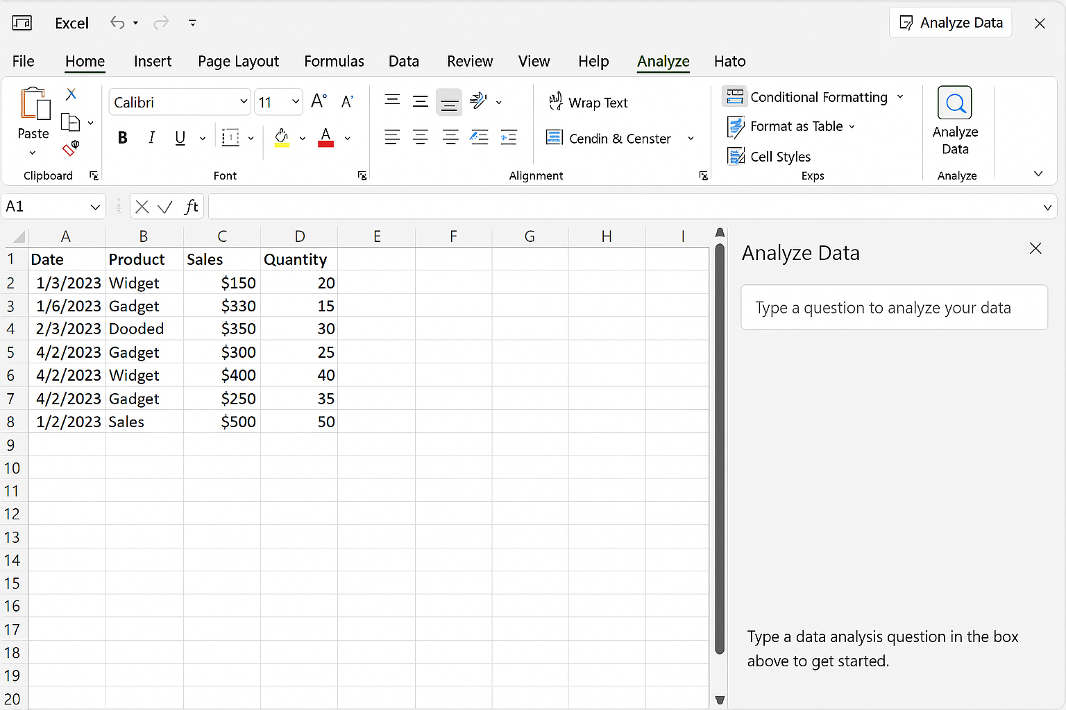 Excel worksheet with the Analyze Data pane open for natural language queries