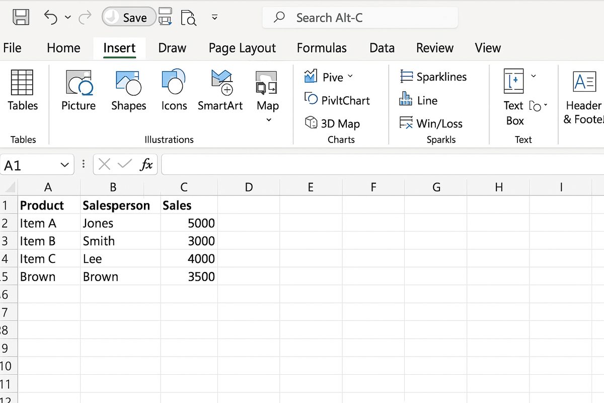 Excel ribbon with the Insert tab selected