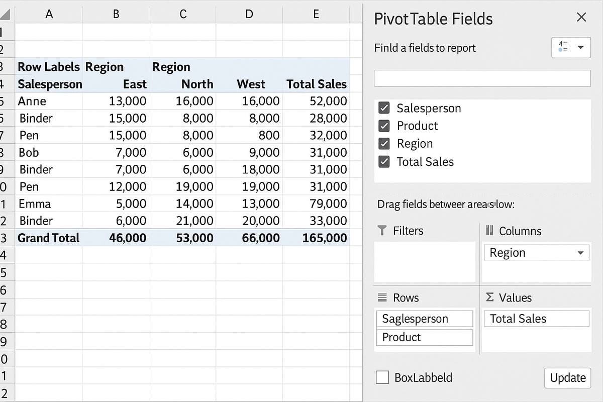 PivotTable Fields pane with Salesperson and Product fields dragged to Rows area
